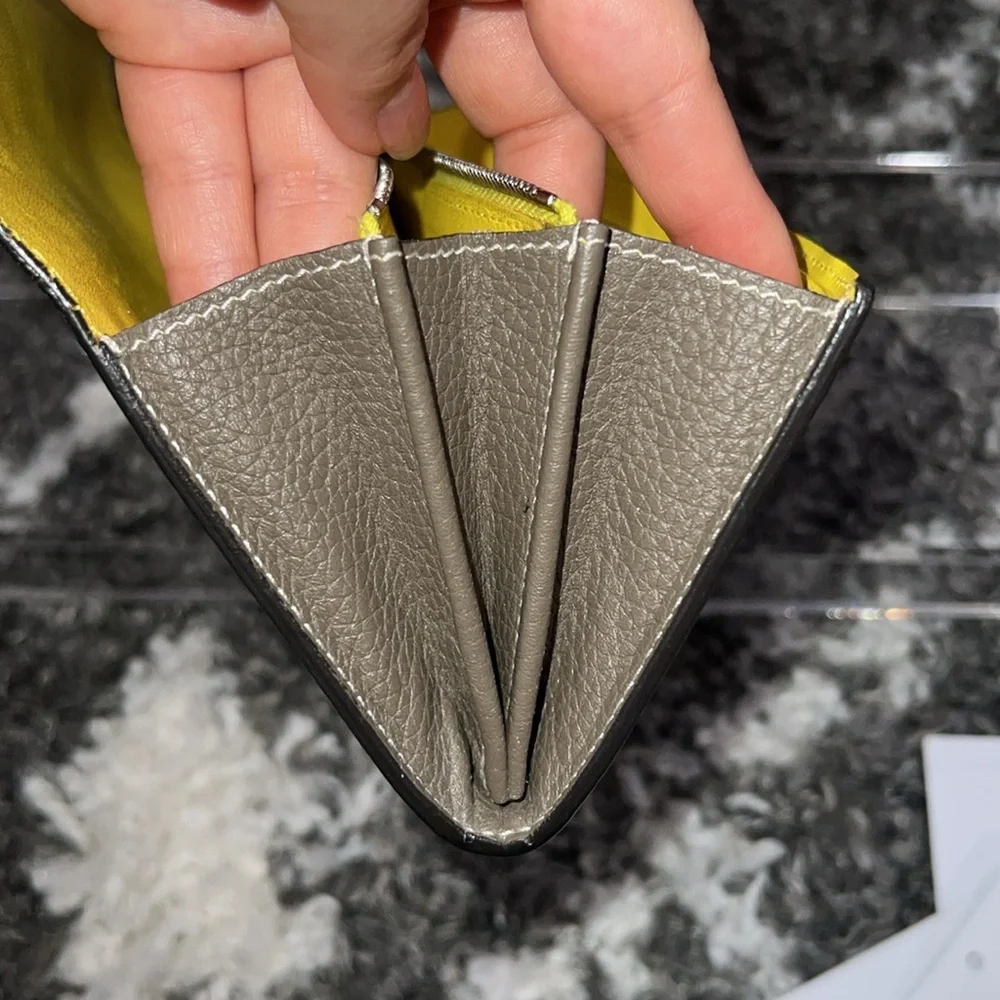 Authentic CELINE Calfskin Leather Souris Gray Yellow Large Flap Long Wallet - Picture 13 of 16